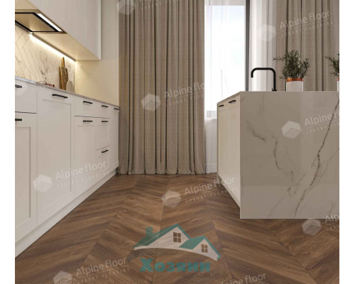 Кварц винил Alpine Floor Альпийский Шеврон ECO 18-13 Дуб Коричневый 600х127 5/43 Ёлочка